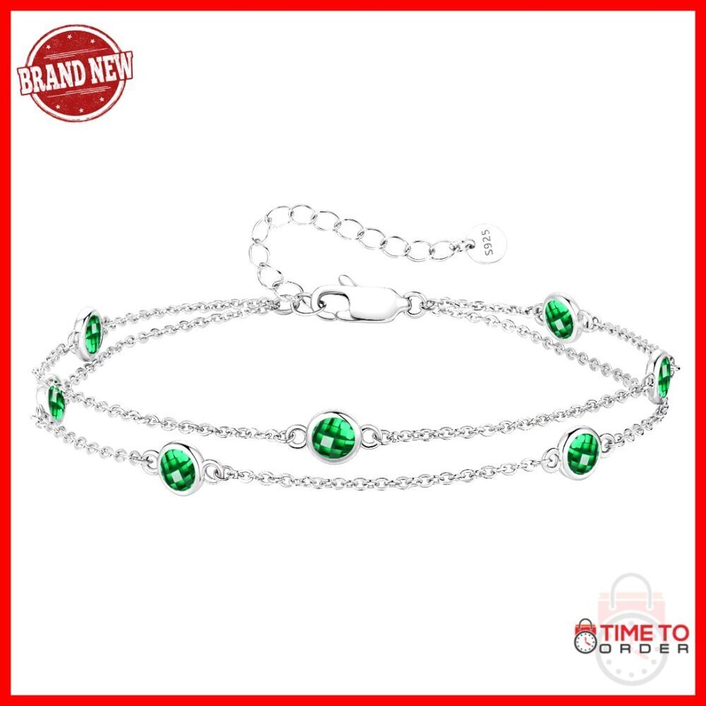 Sterling Silver Double Strand Link Bracelet Elegant Birthstone Charm Jewelry